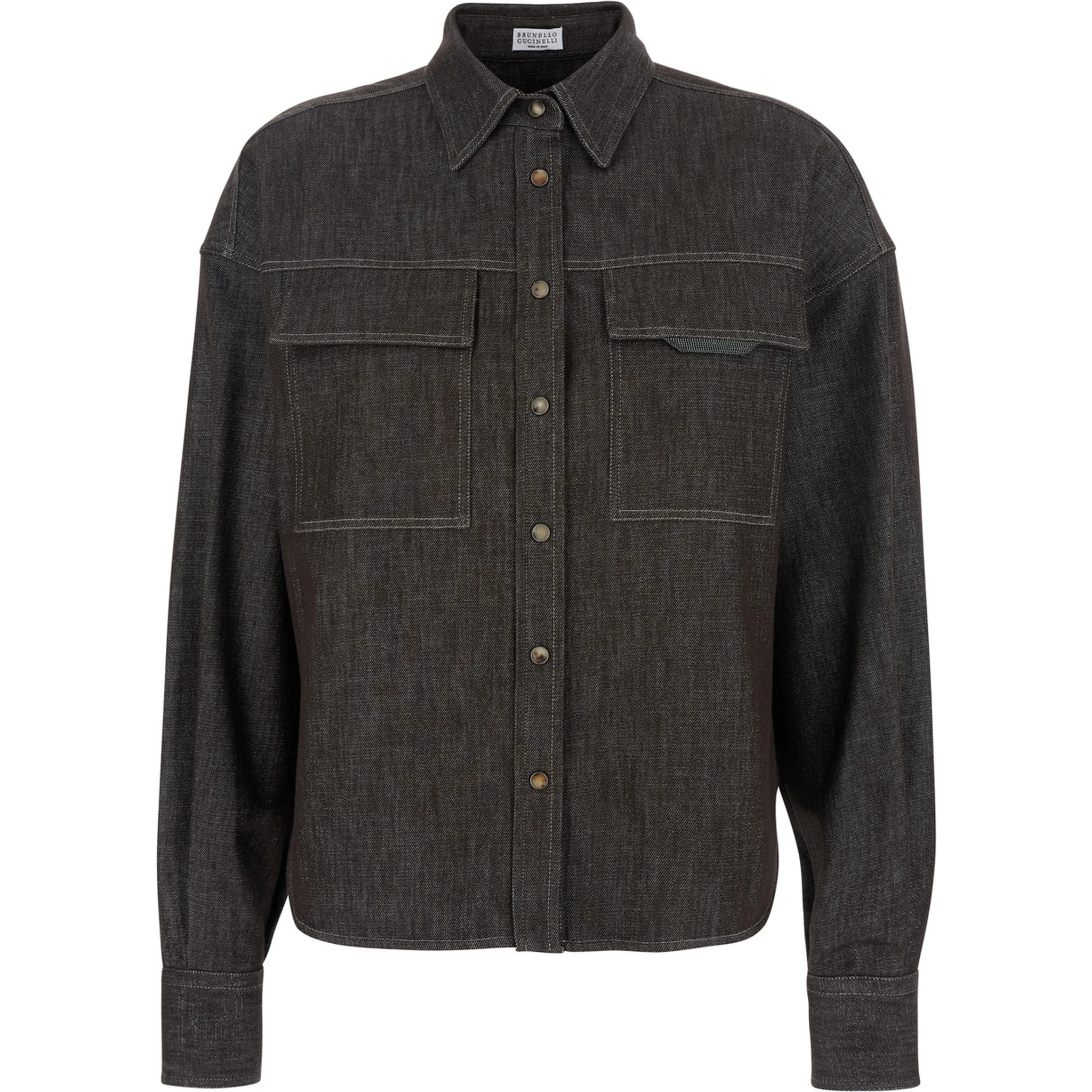 Brown Shirt with Classic Collar and Monil Detail on the Pocket in Cotton Blend Woman