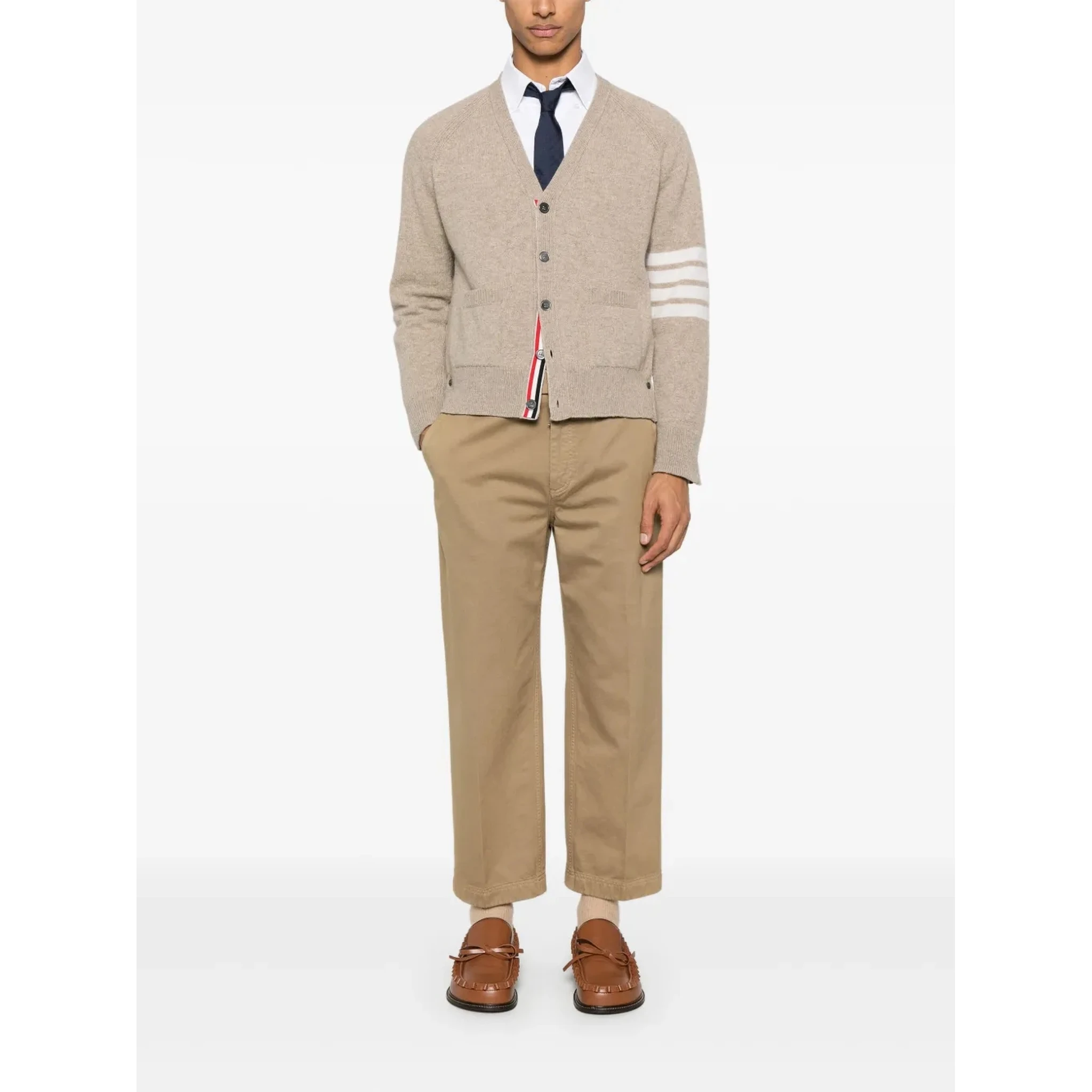 Shetland Wool 4-Bar Relaxed Fit V Neck Cardigan