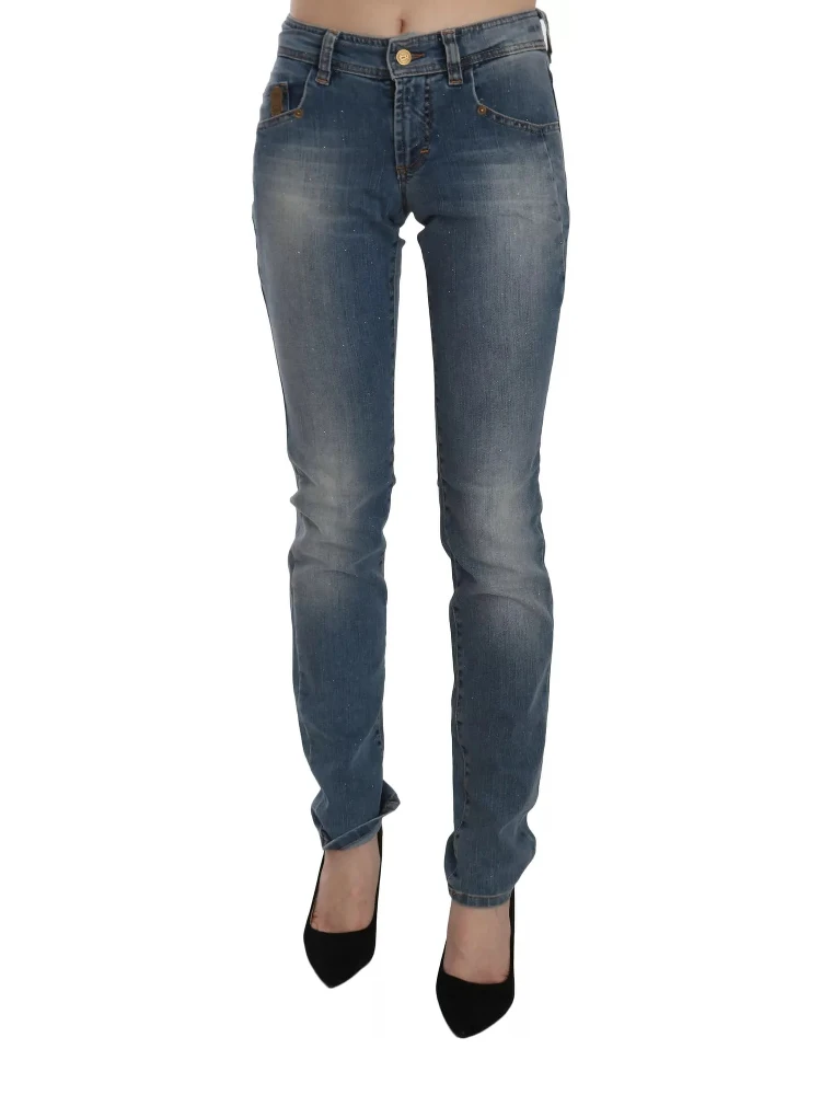Blue Washed Mid Waist Skinny Casual Denim Pants