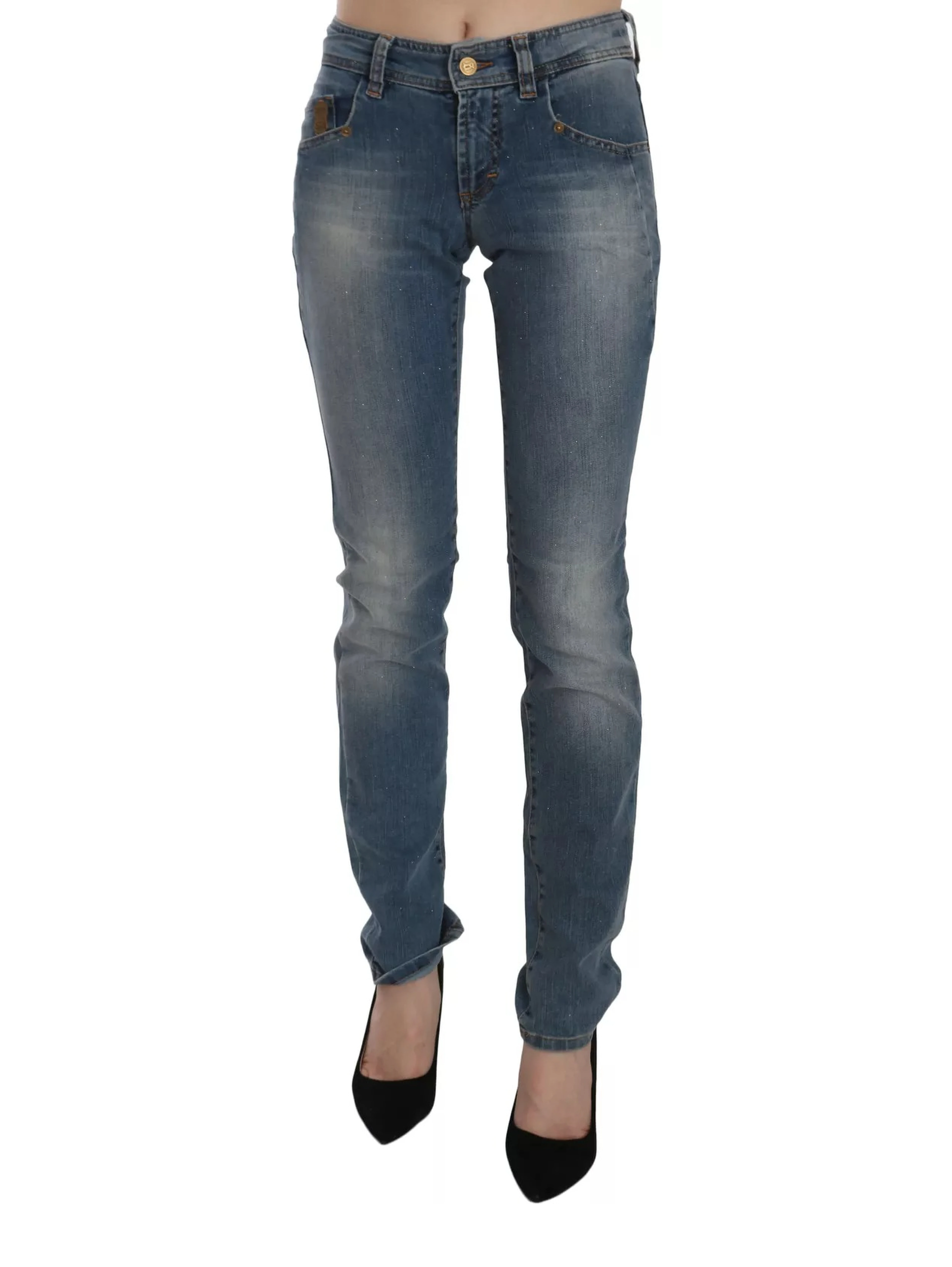 Blue Washed Mid Waist Skinny Casual Denim Pants