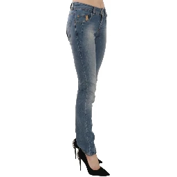 Blue Washed Mid Waist Skinny Casual Denim Pants