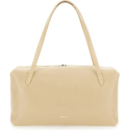 Goji Pillow Beige Shoulder Bag with Clasp Closure and Logo Lettering on the Front in Leather Woman