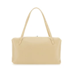 Goji Pillow Beige Shoulder Bag with Clasp Closure and Logo Lettering on the Front in Leather Woman