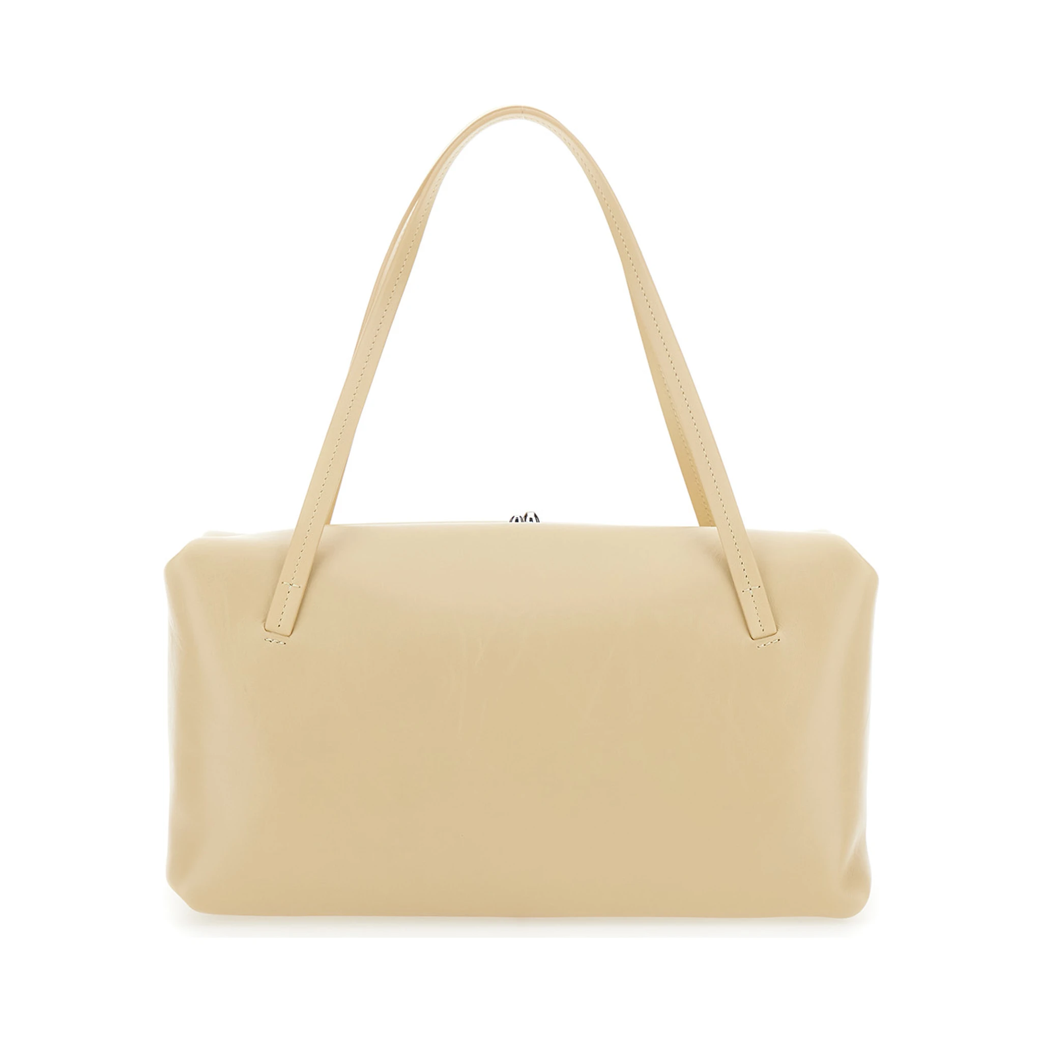 Goji Pillow Beige Shoulder Bag with Clasp Closure and Logo Lettering on the Front in Leather Woman