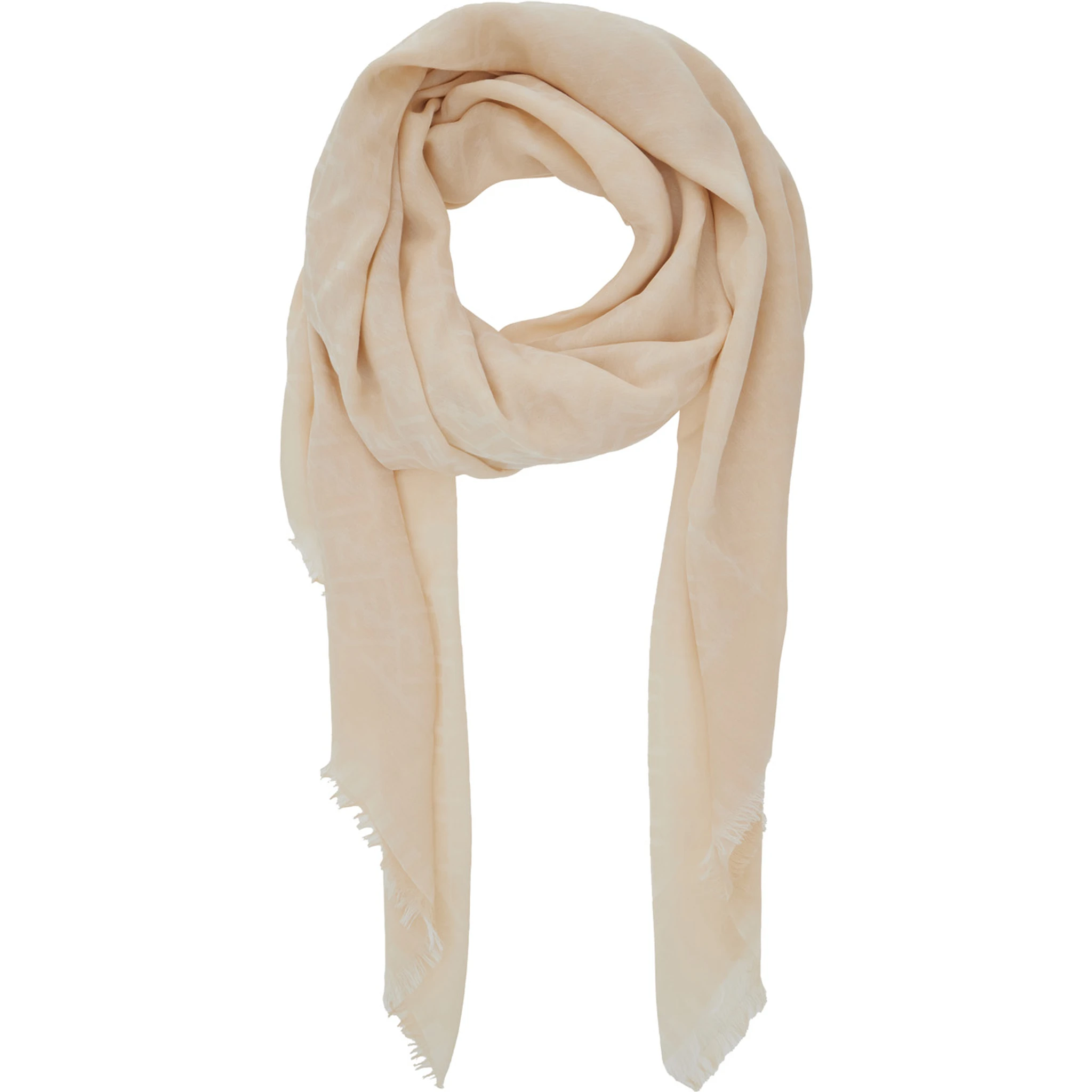 Beige Rectangular Scarf with All-Over Motif and Frayed Hem in Fabric Woman