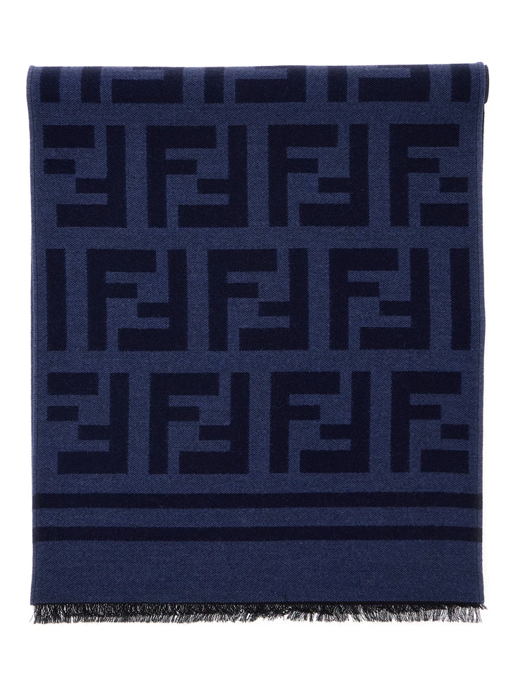 Blue Scarf with All-Over FF Motif and Frayed Hem in Wool Woman