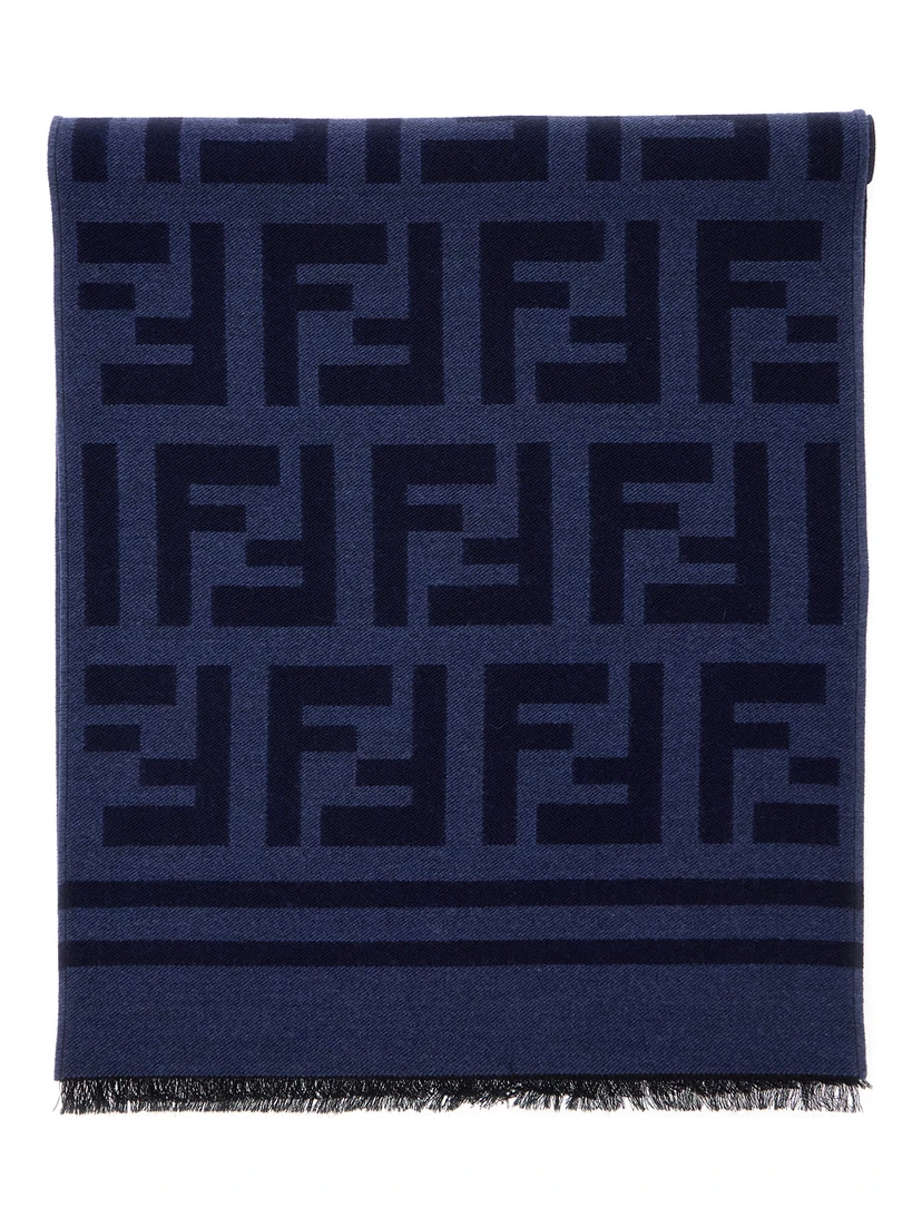 Blue Scarf with All-Over FF Motif and Frayed Hem in Wool Woman