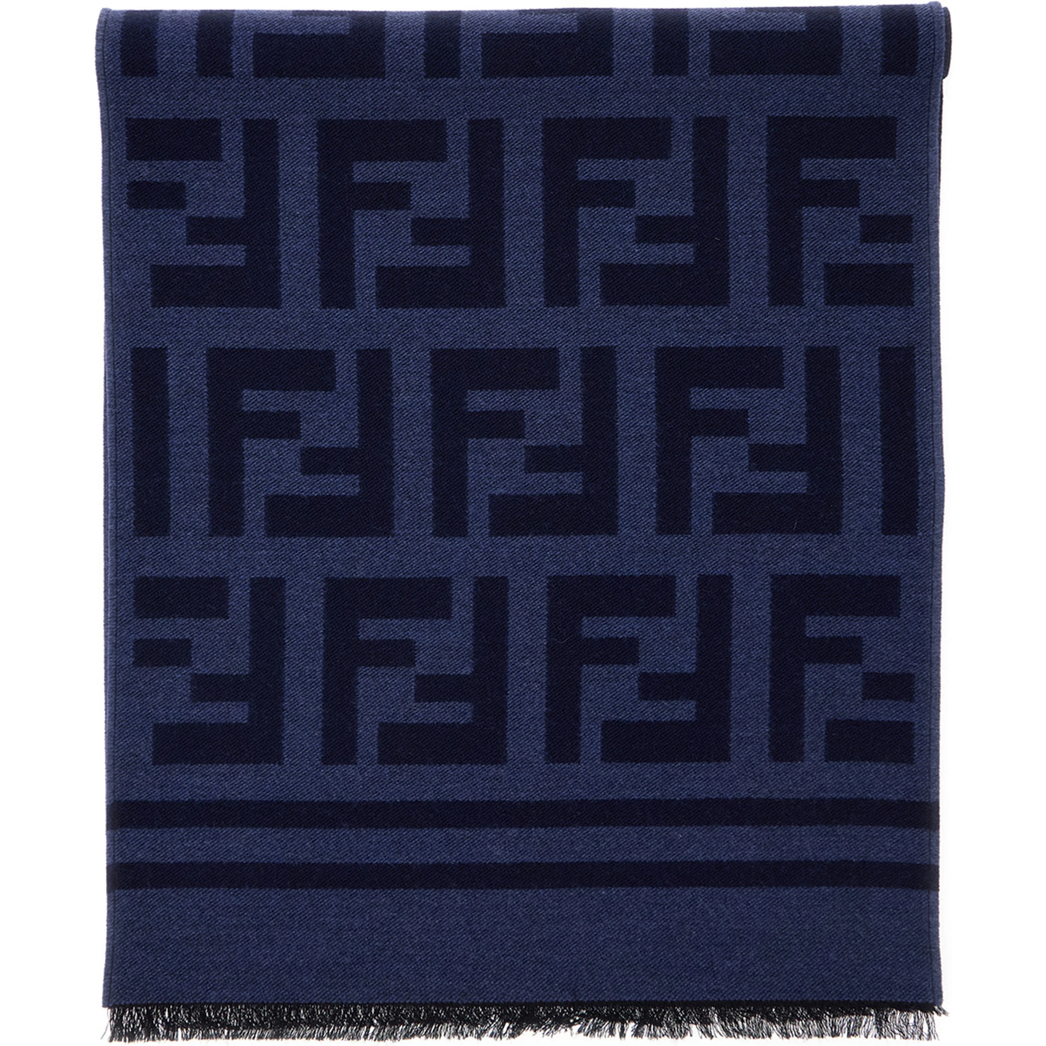 Blue Scarf with All-Over FF Motif and Frayed Hem in Wool Woman