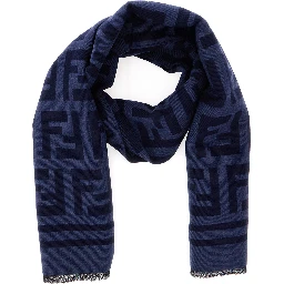 Blue Scarf with All-Over FF Motif and Frayed Hem in Wool Woman