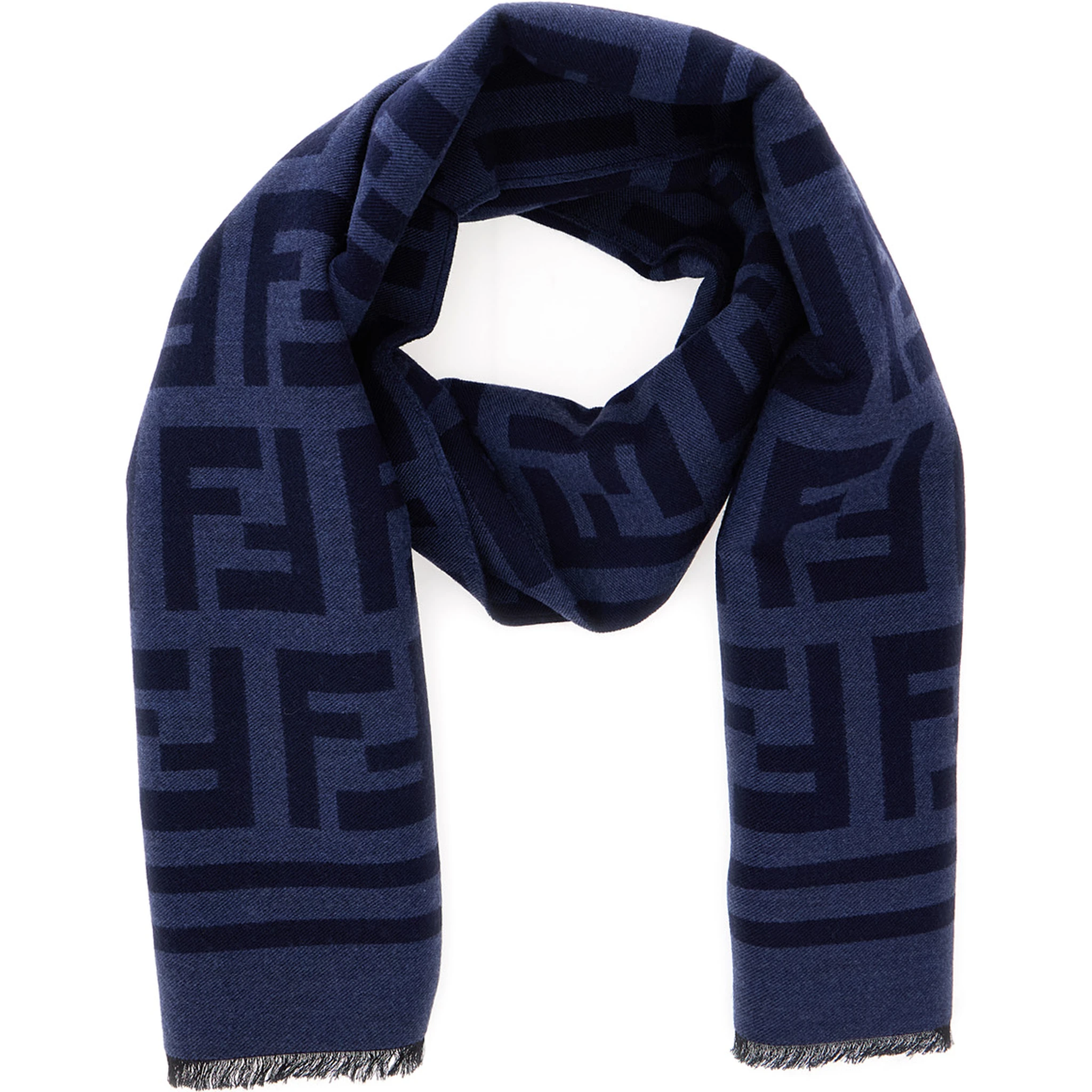 Blue Scarf with All-Over FF Motif and Frayed Hem in Wool Woman