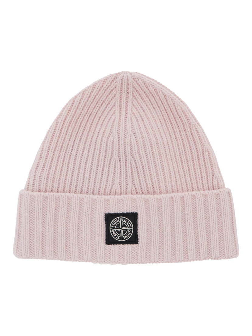 Pink Beanie with Logo Patch on the Front and Turn-Up Brim in Wool and Cashmere Blend Boy