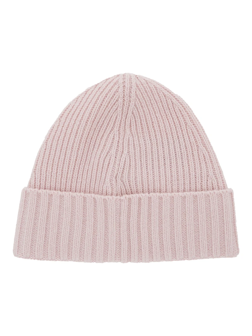 Pink Beanie with Logo Patch on the Front and Turn-Up Brim in Wool and Cashmere Blend Boy