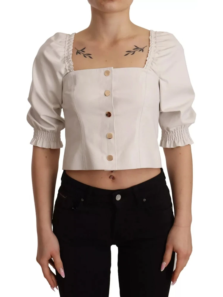 White Square Neck Button Down Crop Blouse