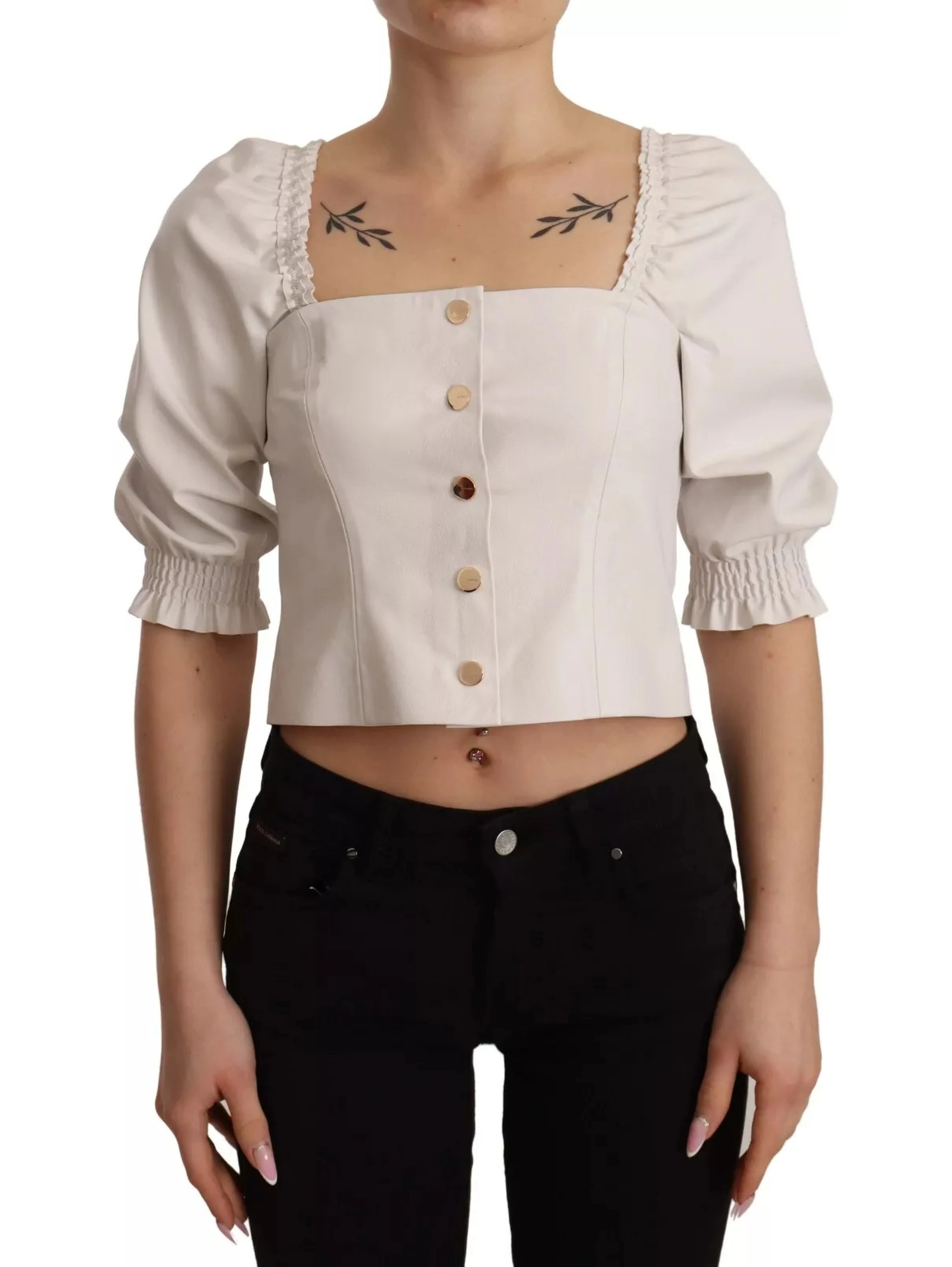 White Square Neck Button Down Crop Blouse