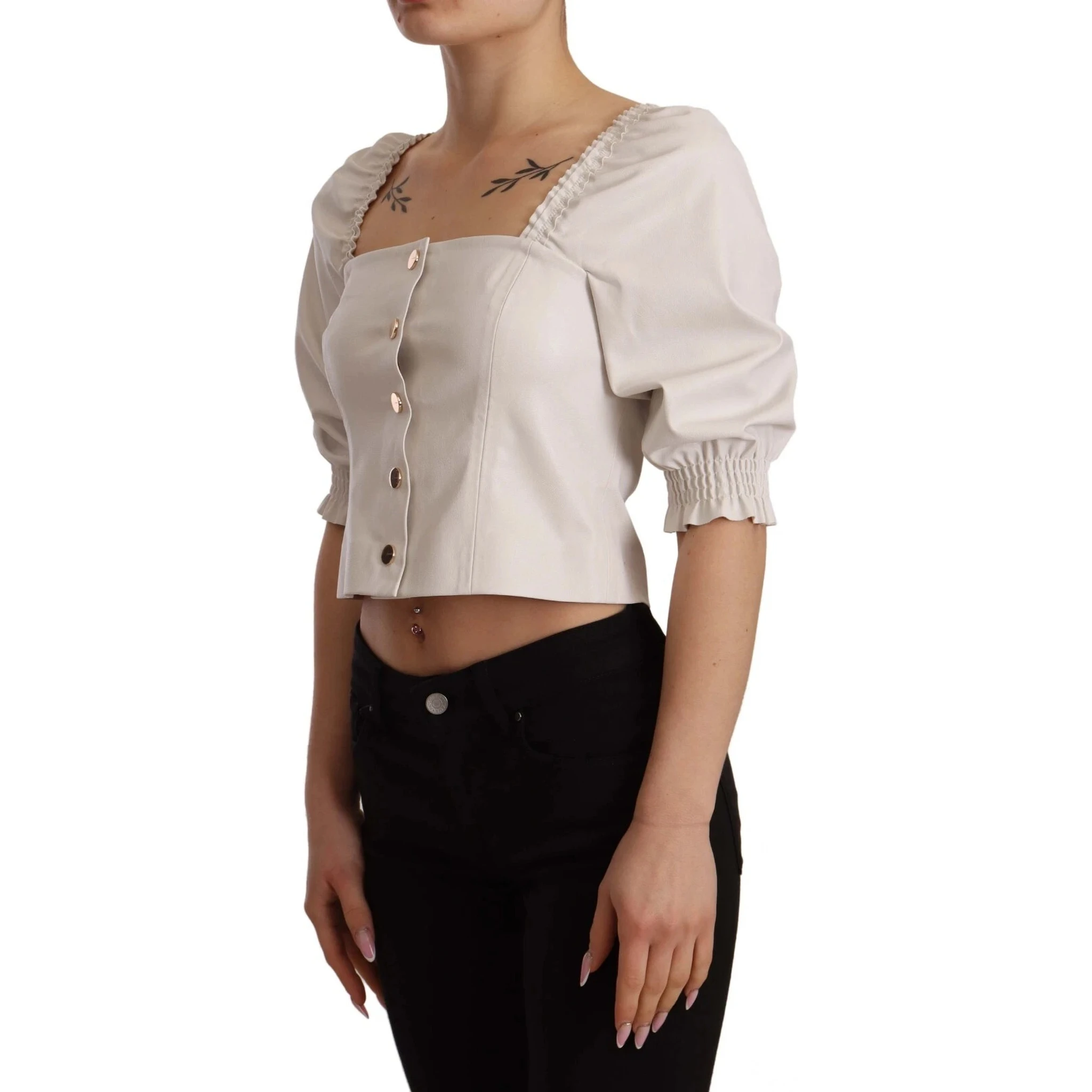 White Square Neck Button Down Crop Blouse