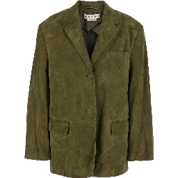 Green Single-Breasted Jacket with Notched Revers and Logo Patch on the Rear in Suede Woman