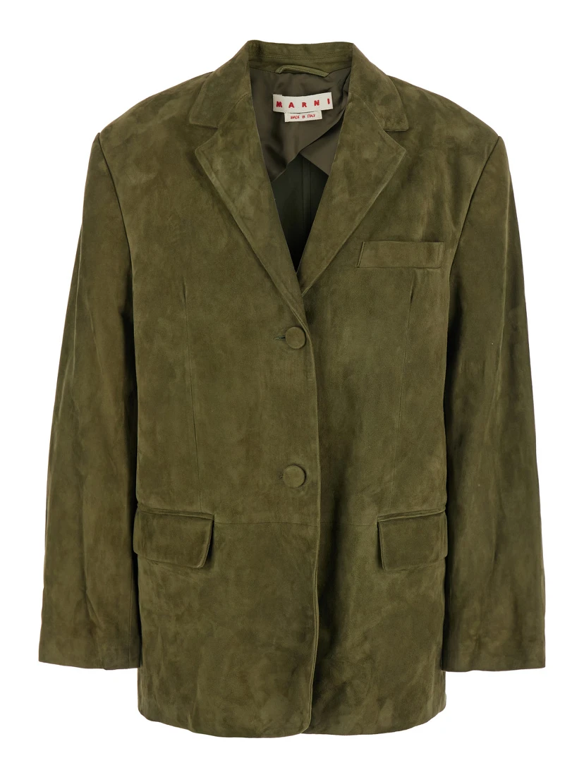Green Single-Breasted Jacket with Notched Revers and Logo Patch on the Rear in Suede Woman