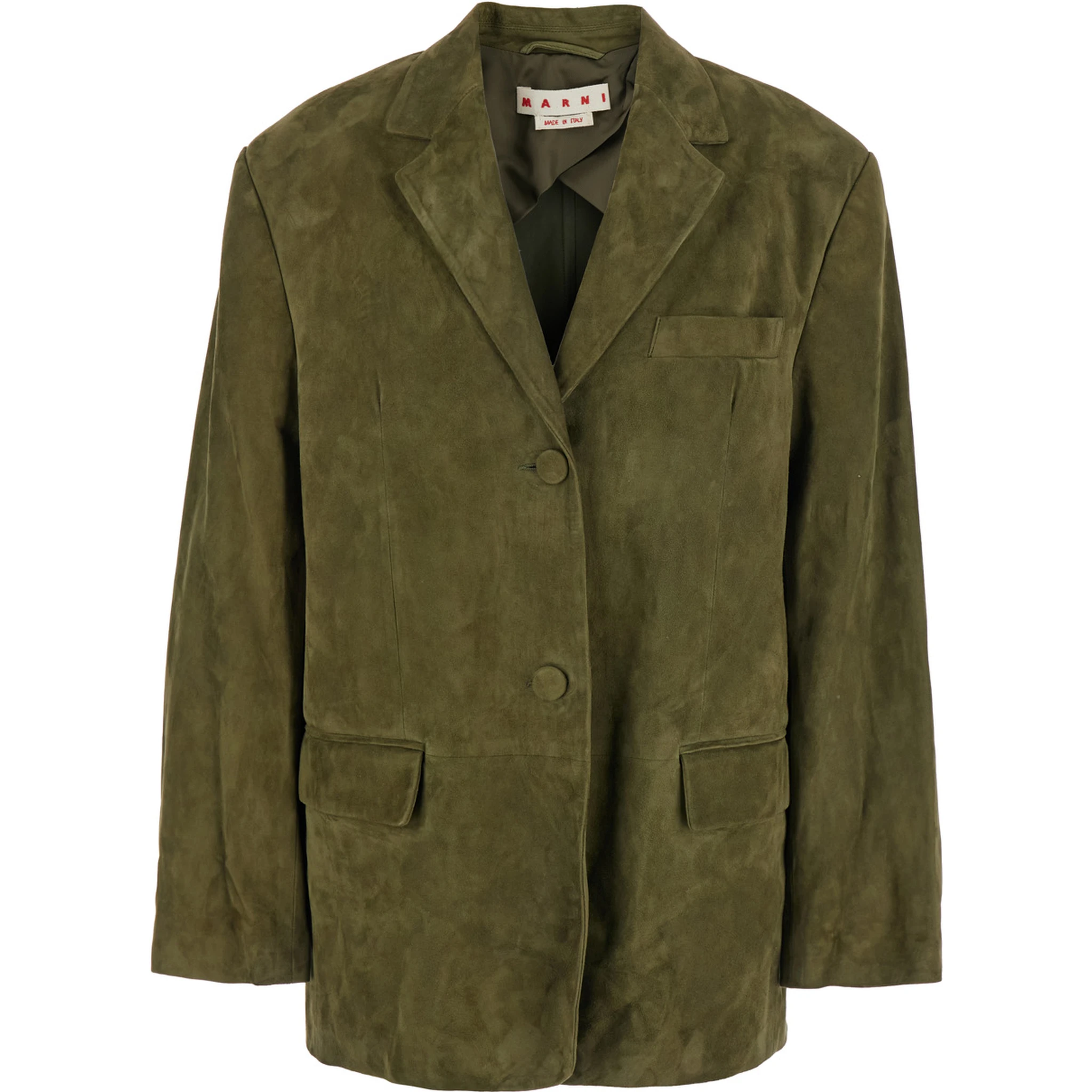 Green Single-Breasted Jacket with Notched Revers and Logo Patch on the Rear in Suede Woman