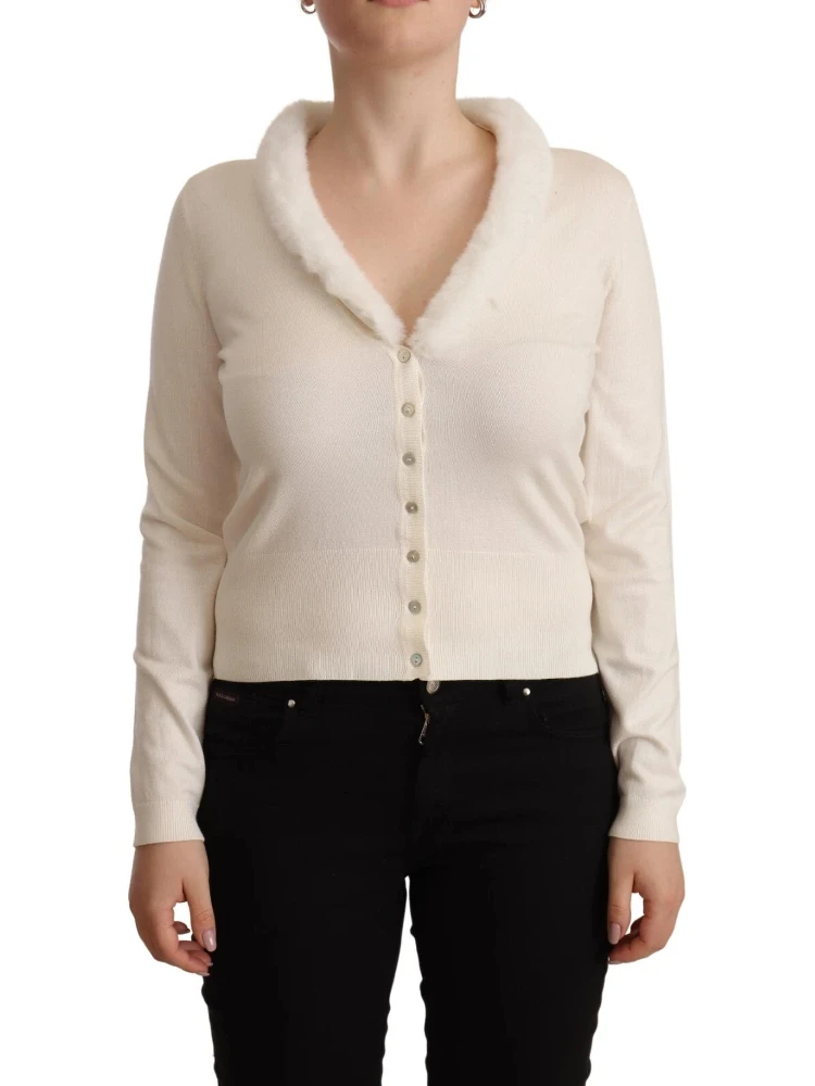 White Viscose Long Sleeves Fur Shearling Blouse