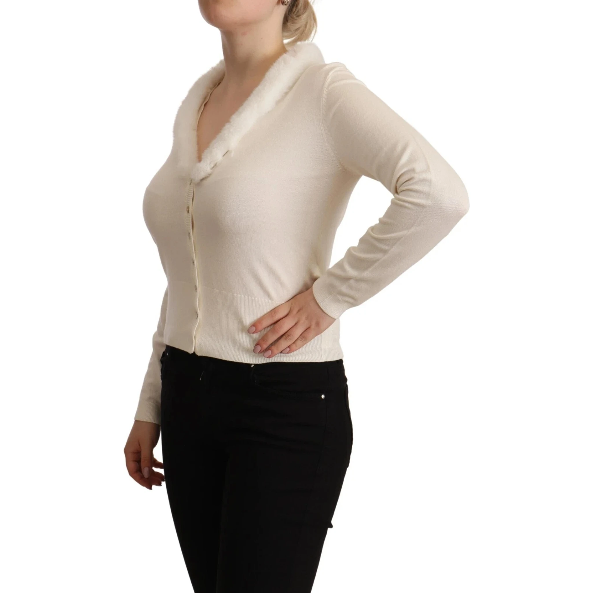 White Viscose Long Sleeves Fur Shearling Blouse