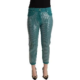 Cadet Blue Sequined Low Waist Cropped Trouser Pants