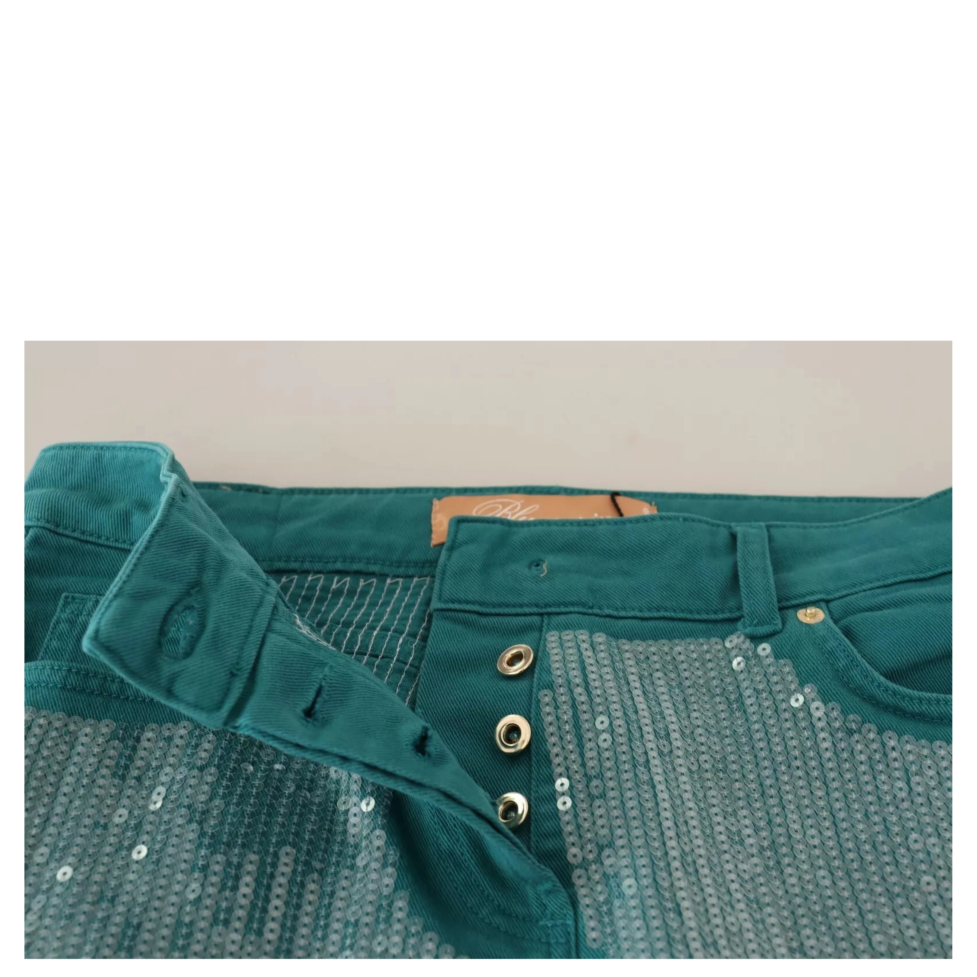 Cadet Blue Sequined Low Waist Cropped Trouser Pants