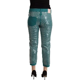 Cadet Blue Sequined Low Waist Cropped Trouser Pants