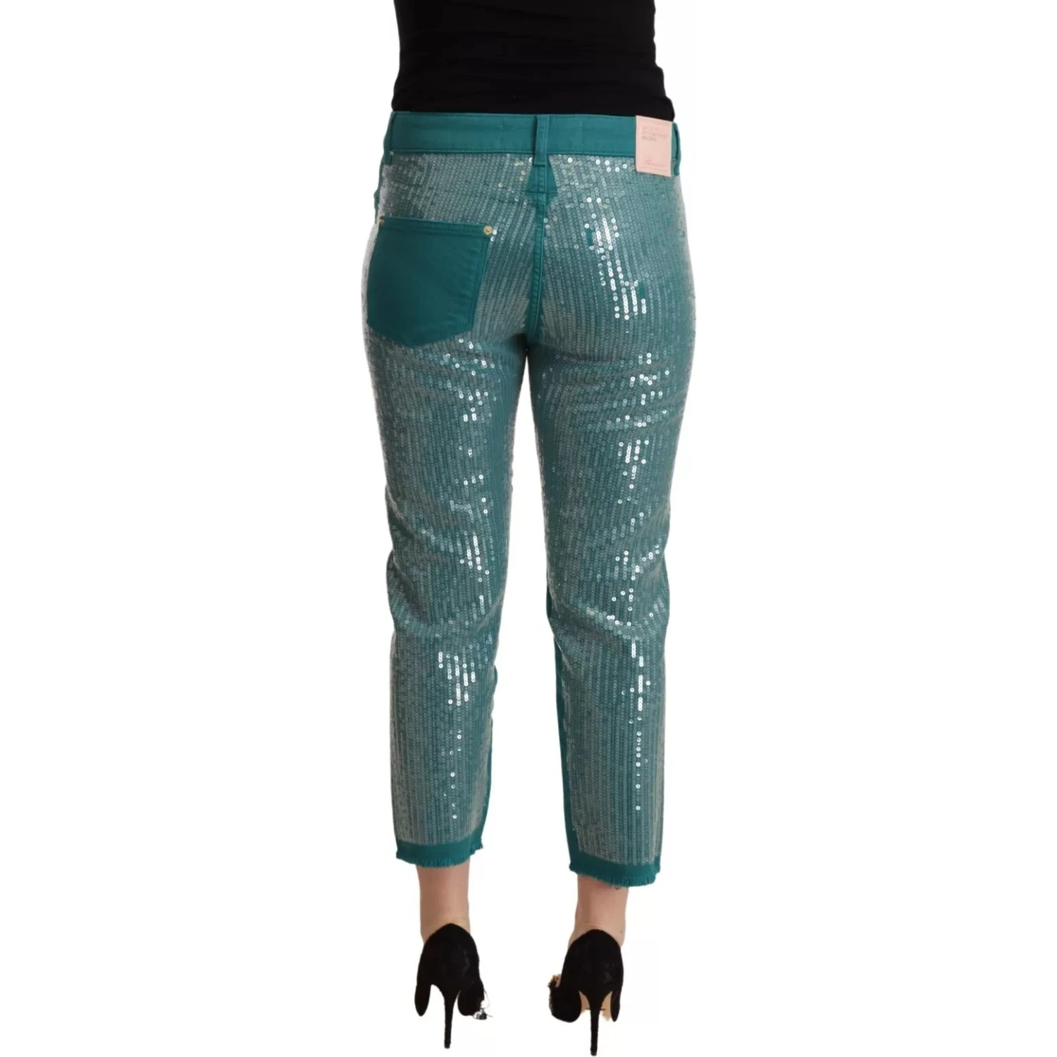 Cadet Blue Sequined Low Waist Cropped Trouser Pants