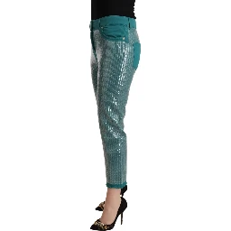 Cadet Blue Sequined Low Waist Cropped Trouser Pants