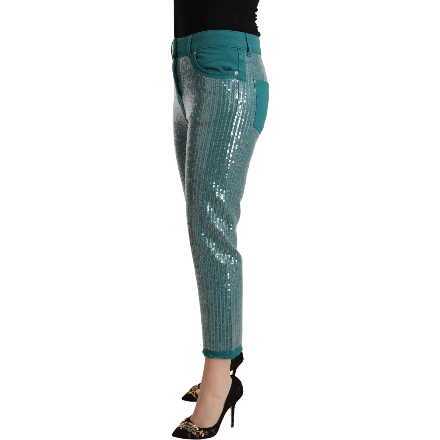 Cadet Blue Sequined Low Waist Cropped Trouser Pants
