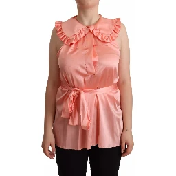 Pink Silk Stretch Sleeveless Collared Top Blouse