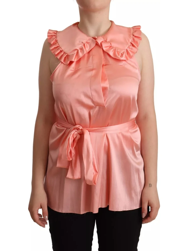 Pink Silk Stretch Sleeveless Collared Top Blouse