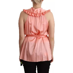 Pink Silk Stretch Sleeveless Collared Top Blouse