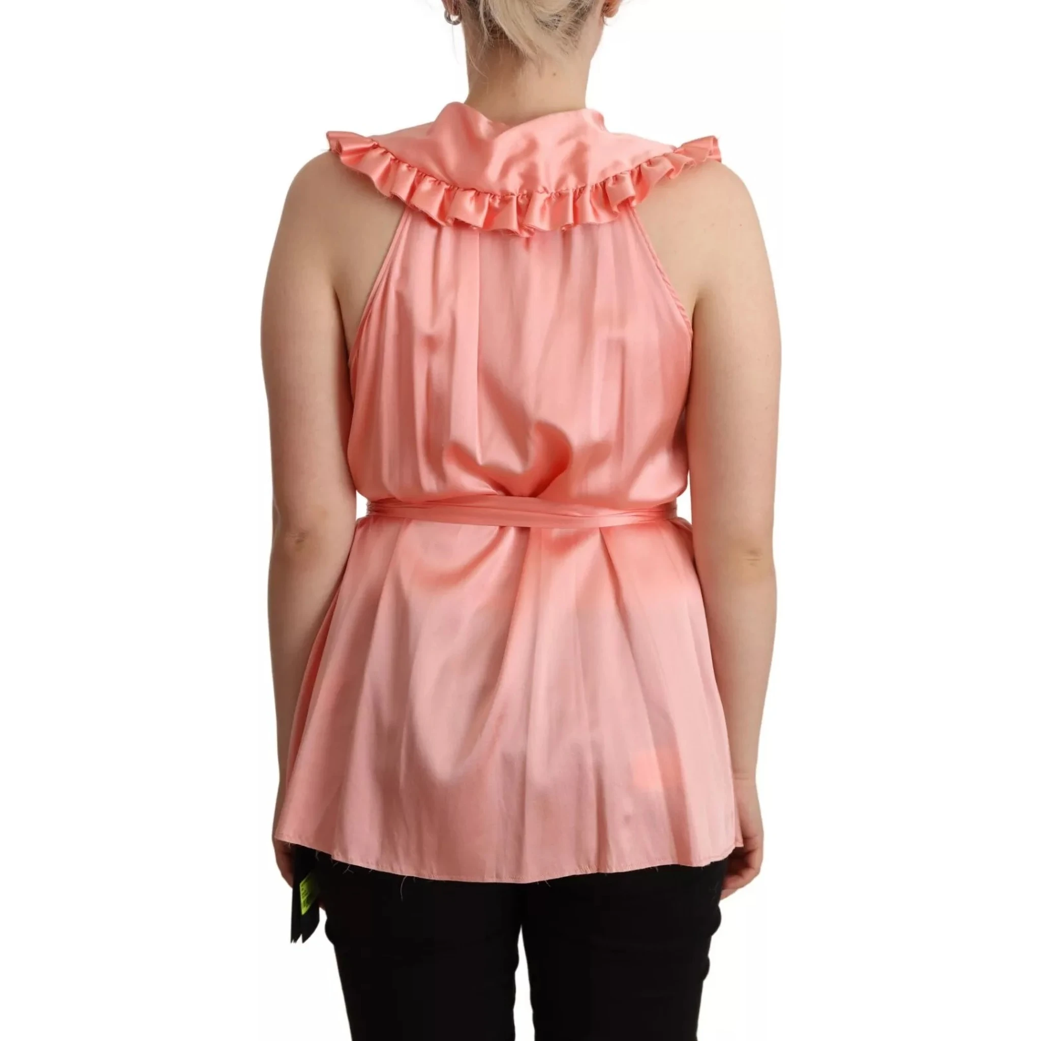 Pink Silk Stretch Sleeveless Collared Top Blouse