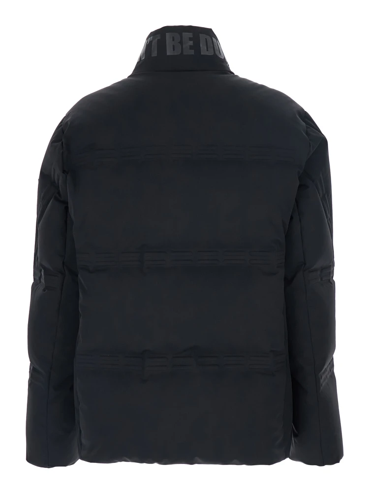 Rally Black Down Jacket with Slogan Print on the Collar and Logo Patch on the Sleeve in Tech Fabric Stretch Man alternative