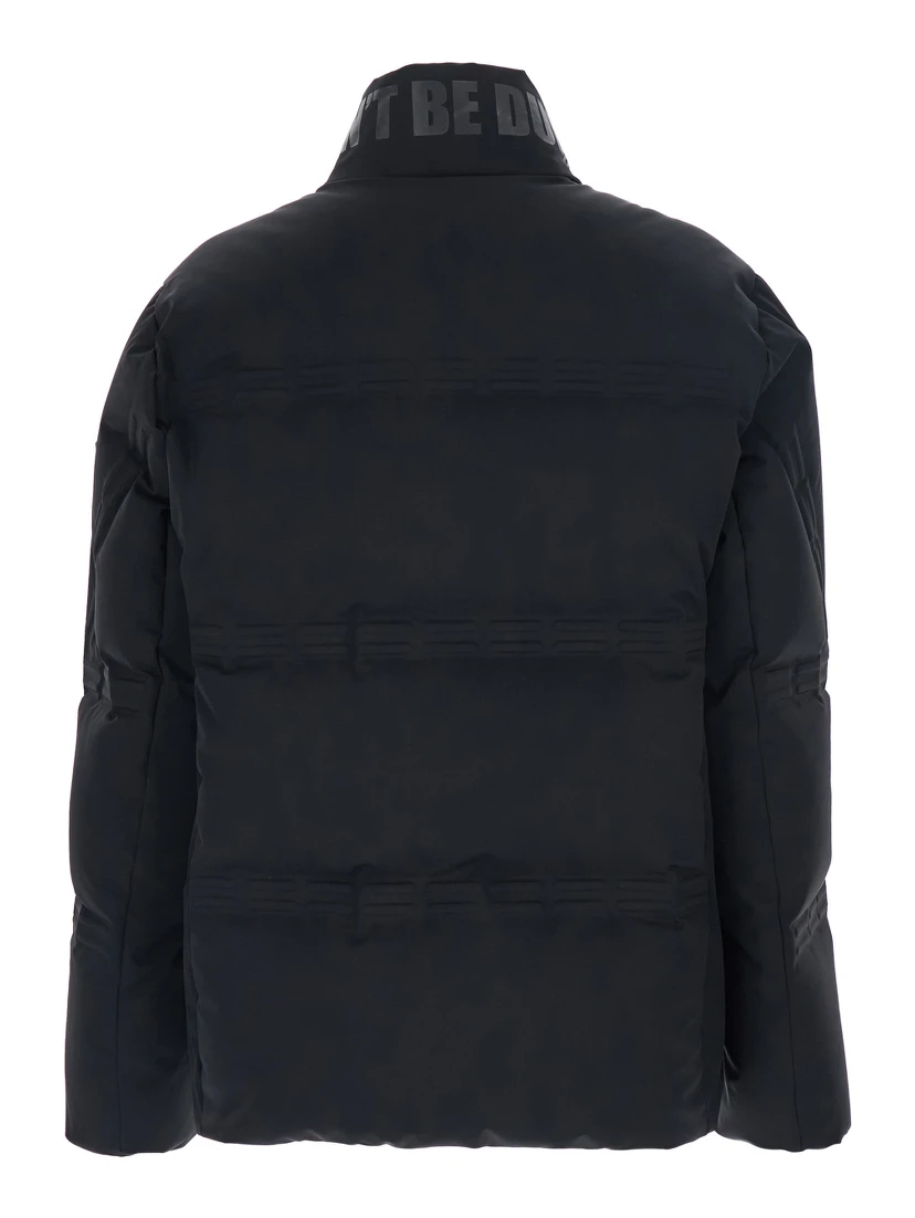 Rally Black Down Jacket with Slogan Print on the Collar and Logo Patch on the Sleeve in Tech Fabric Stretch Man
