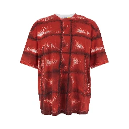 Red Crewneck T-Shirt with Quilted Effect Graphic Print on the Front and Logo Lettering on the Rear in Cotton Man