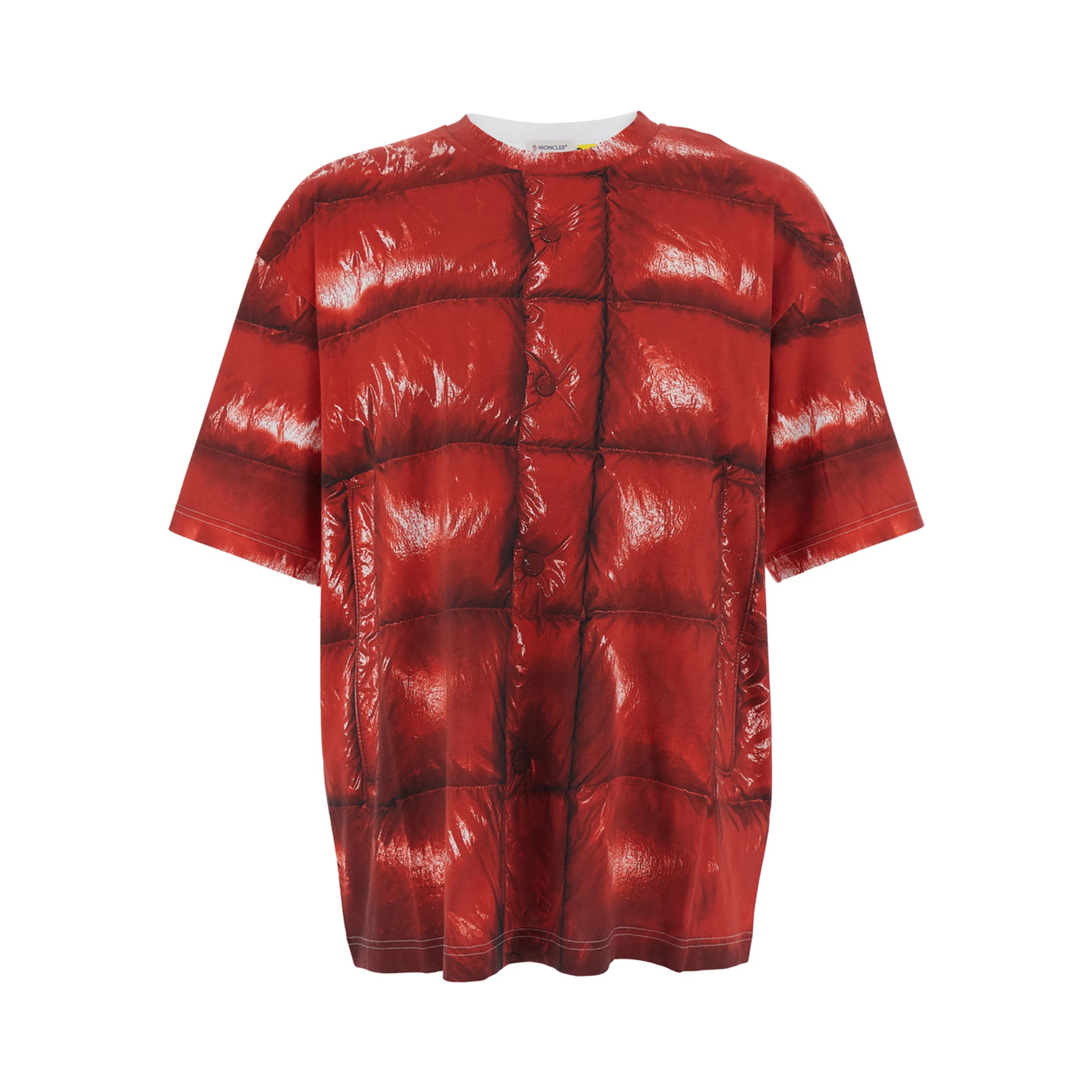 Red Crewneck T-Shirt with Quilted Effect Graphic Print on the Front and Logo Lettering on the Rear in Cotton Man