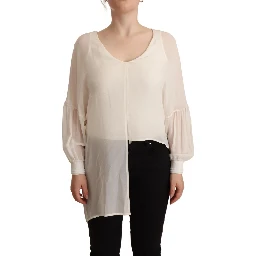 Off White Silk Long Sleeves Deep Vneck Top