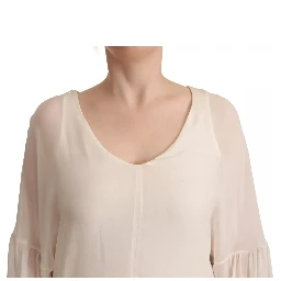 Off White Silk Long Sleeves Deep Vneck Top