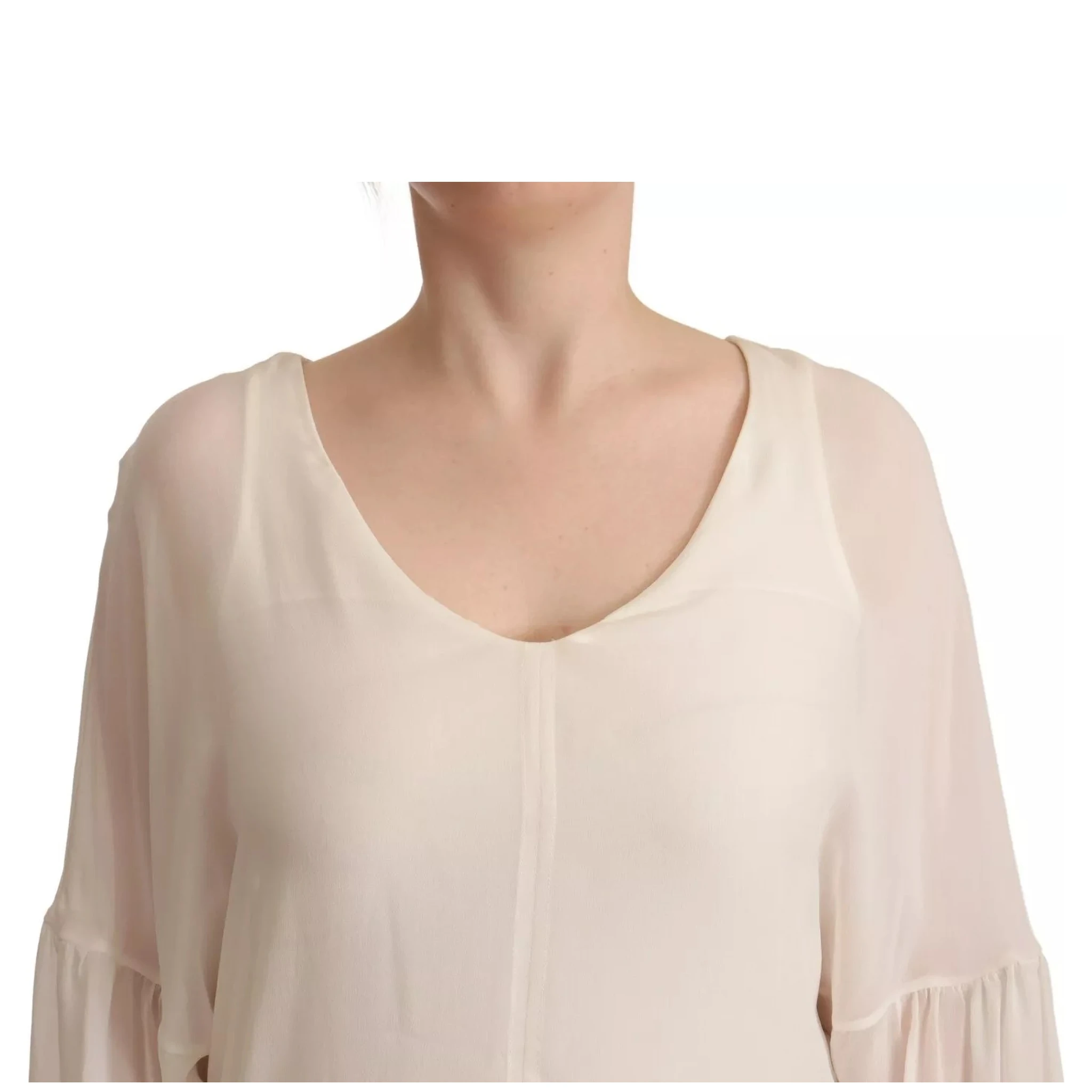 Off White Silk Long Sleeves Deep Vneck Top