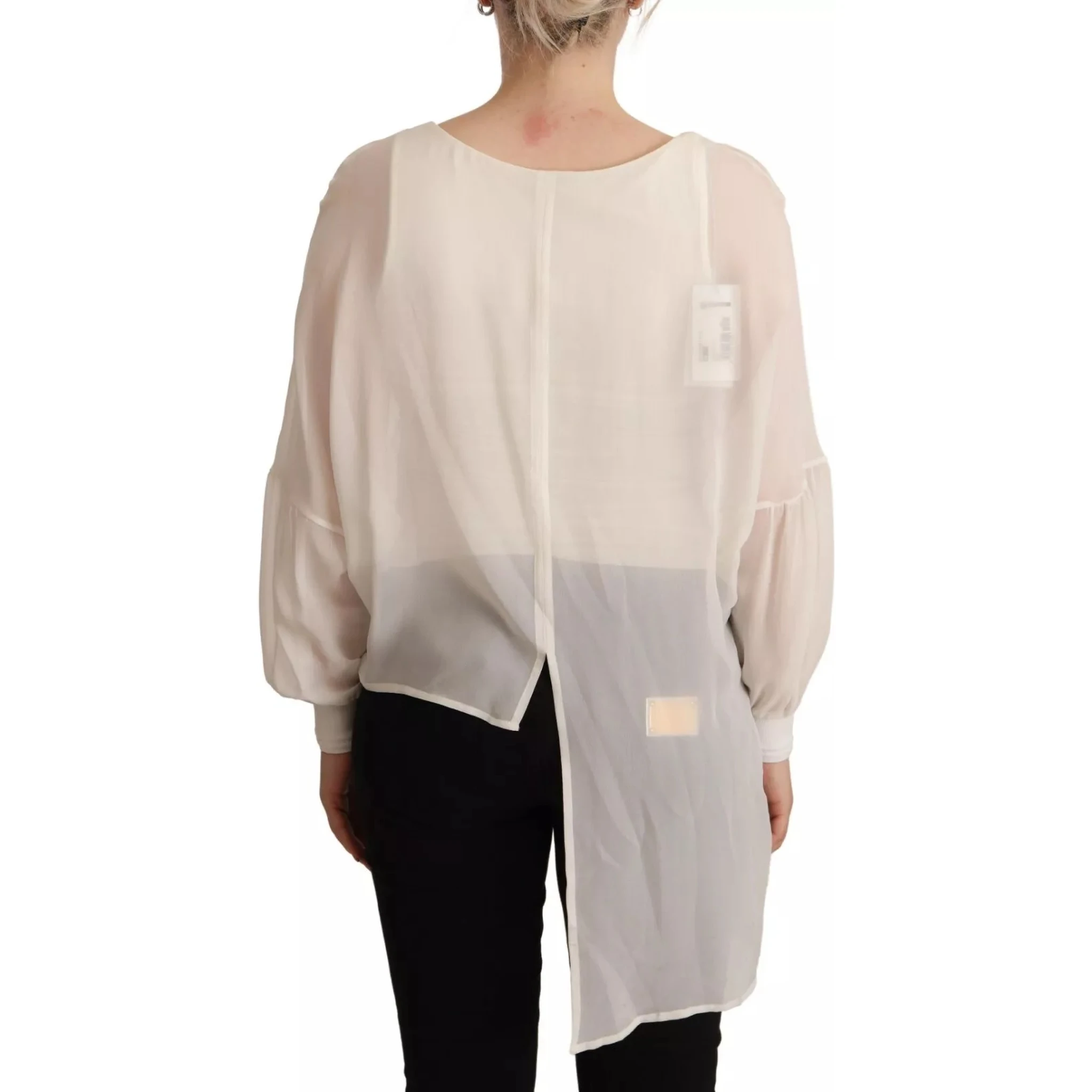 Off White Silk Long Sleeves Deep Vneck Top