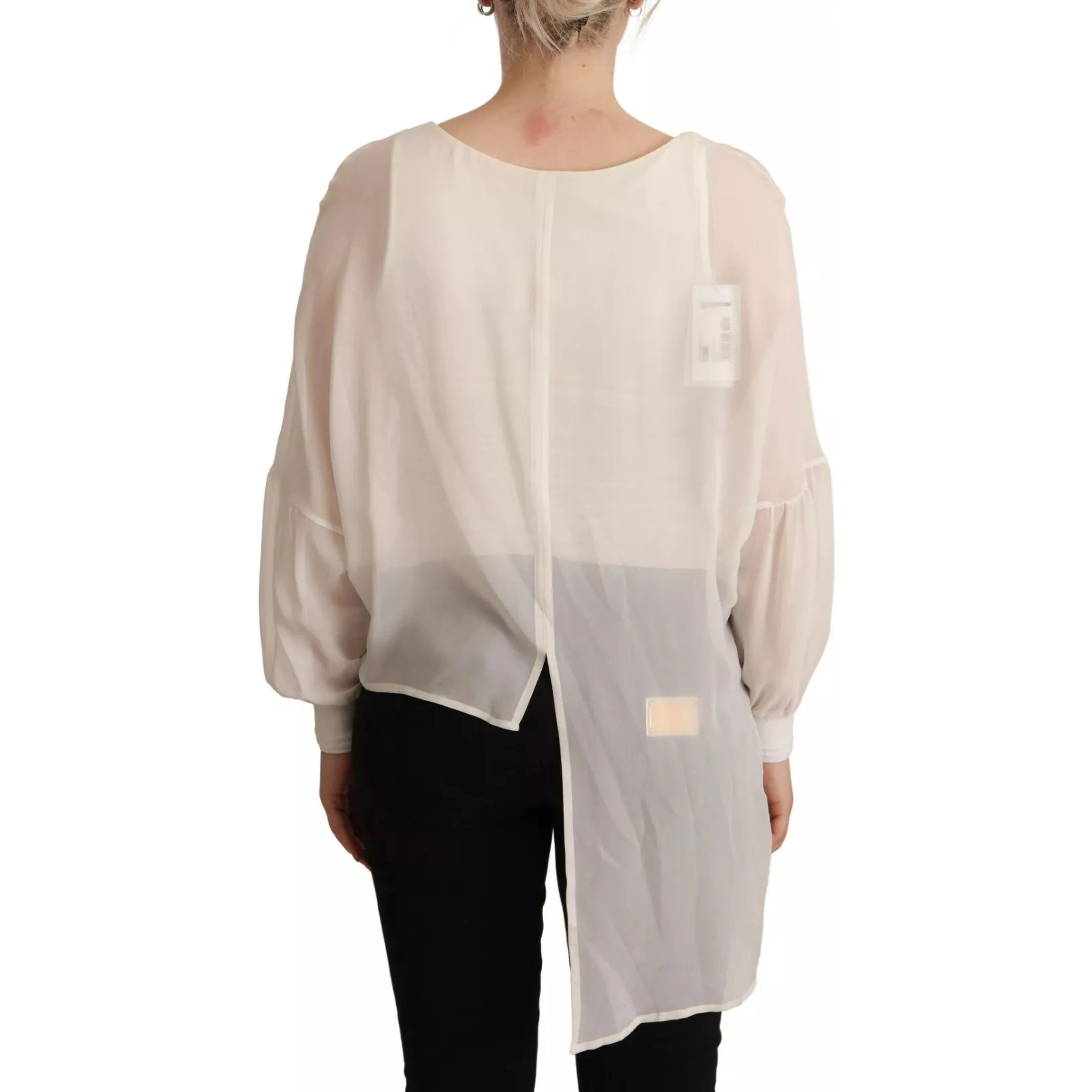 Off White Silk Long Sleeves Deep Vneck Top