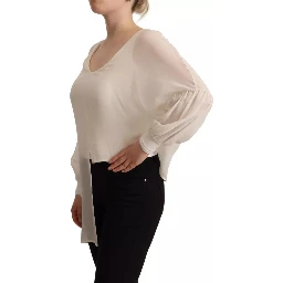 Off White Silk Long Sleeves Deep Vneck Top