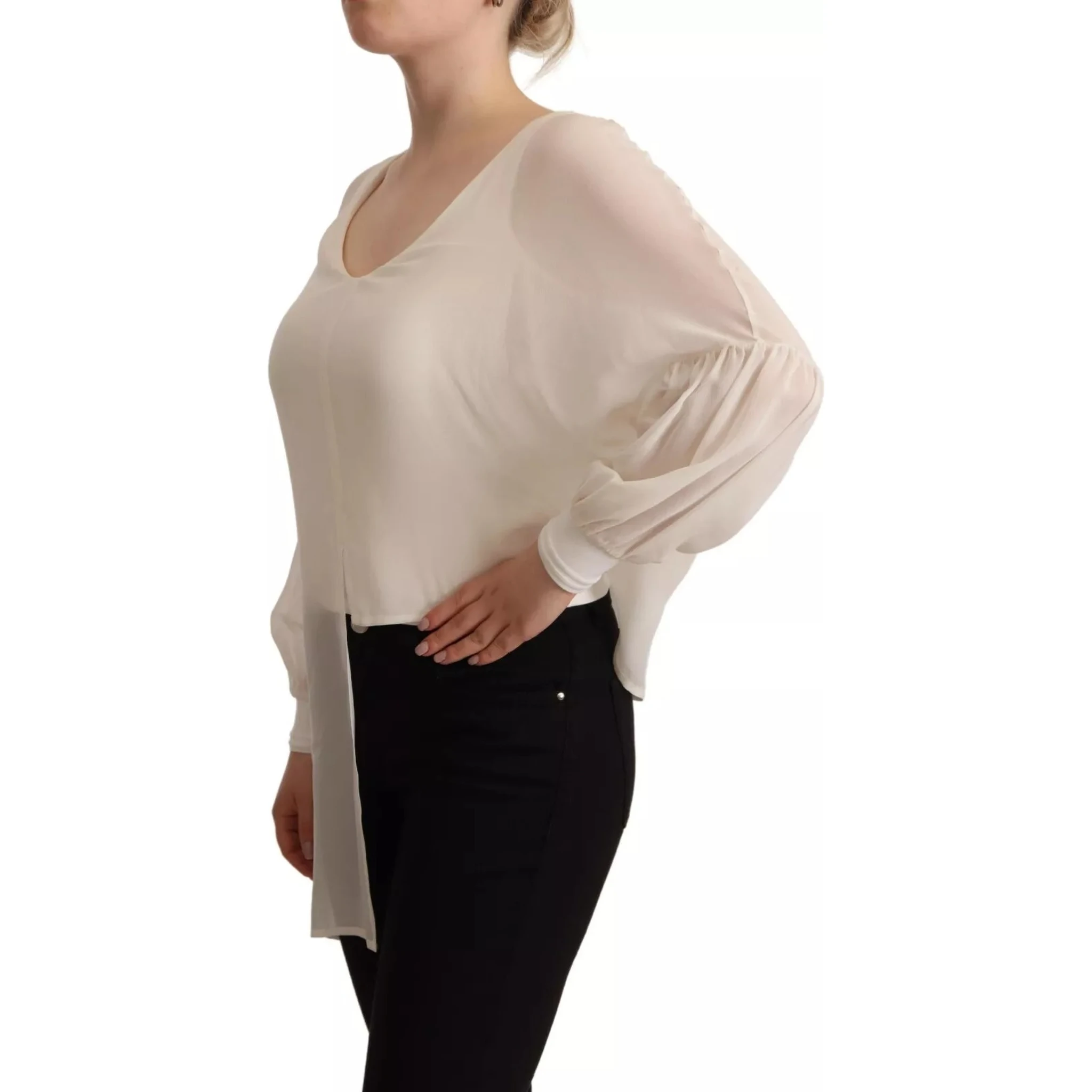 Off White Silk Long Sleeves Deep Vneck Top