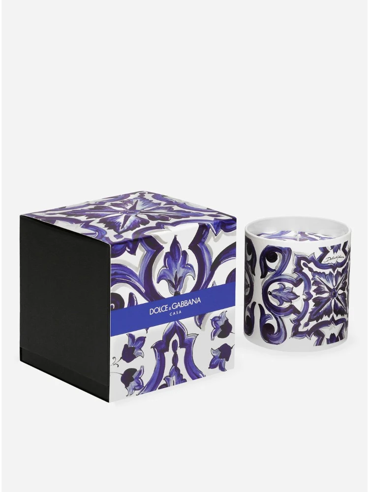 Sicilian Neroli and Lemon Scented Candle with Blue Mediterraneo Print Dolce & Gabbana