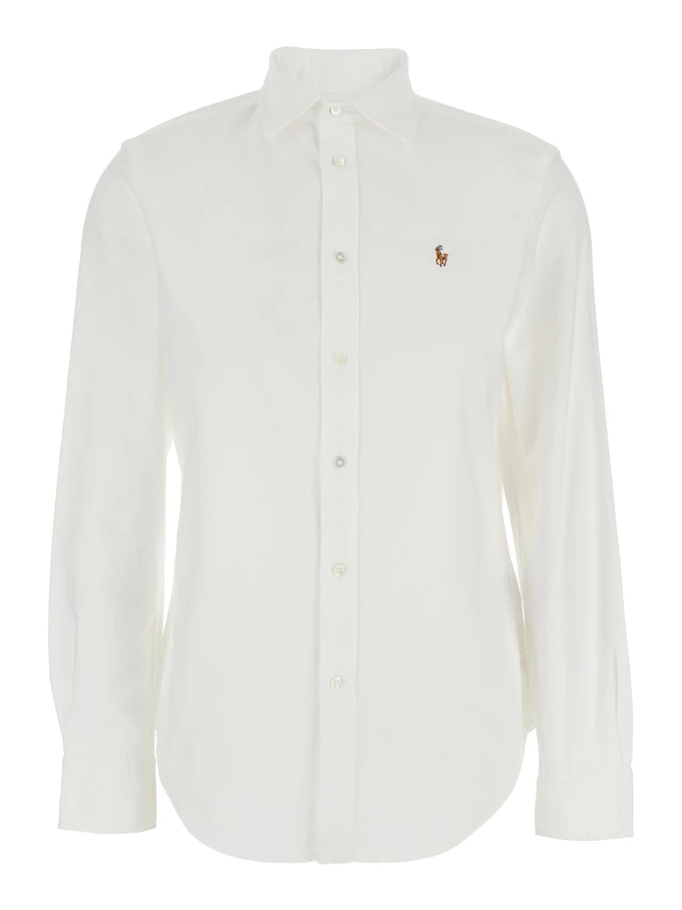 Oxford White Shirt with Classic Collar and Pony Embroidery on the Front in Cotton Woman