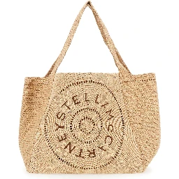 Beige Tote Bag with Two Top Handles and Logo Embroidery on the Front in Raffia Woman