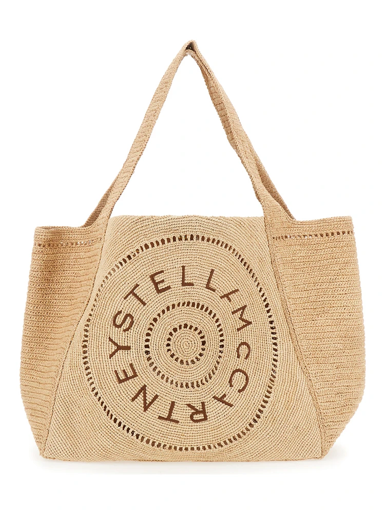 Beige Tote Bag with Two Top Handles and Logo Embroidery on the Front in Raffia Woman