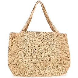Beige Tote Bag with Two Top Handles and Logo Embroidery on the Front in Raffia Woman